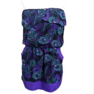Ali & Kris strapless mini dress, purple green & black peacock feather L
